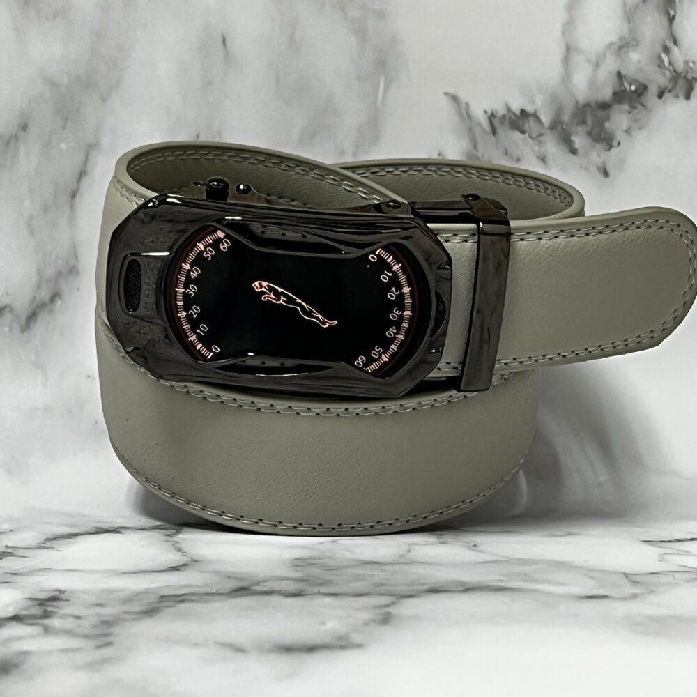 Gray belt Men's Leather Ratchet Belt with Automatic Buckle Car Puma Metal Buckle
